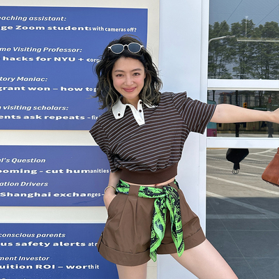 LEDIM WANG【红标系列】方肩条纹poloT恤女夏2025新款修身短袖