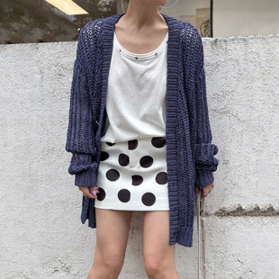 慵懒风直筒开衫 LEDIM 女秋新款 牛仔色镂空针织衫 上衣 WANG白标