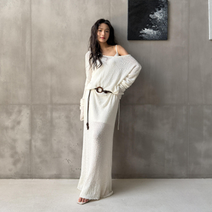 LEDIM WANG 松弛感H型长袖连衣裙女白色透视宽松长裙2026春季新款