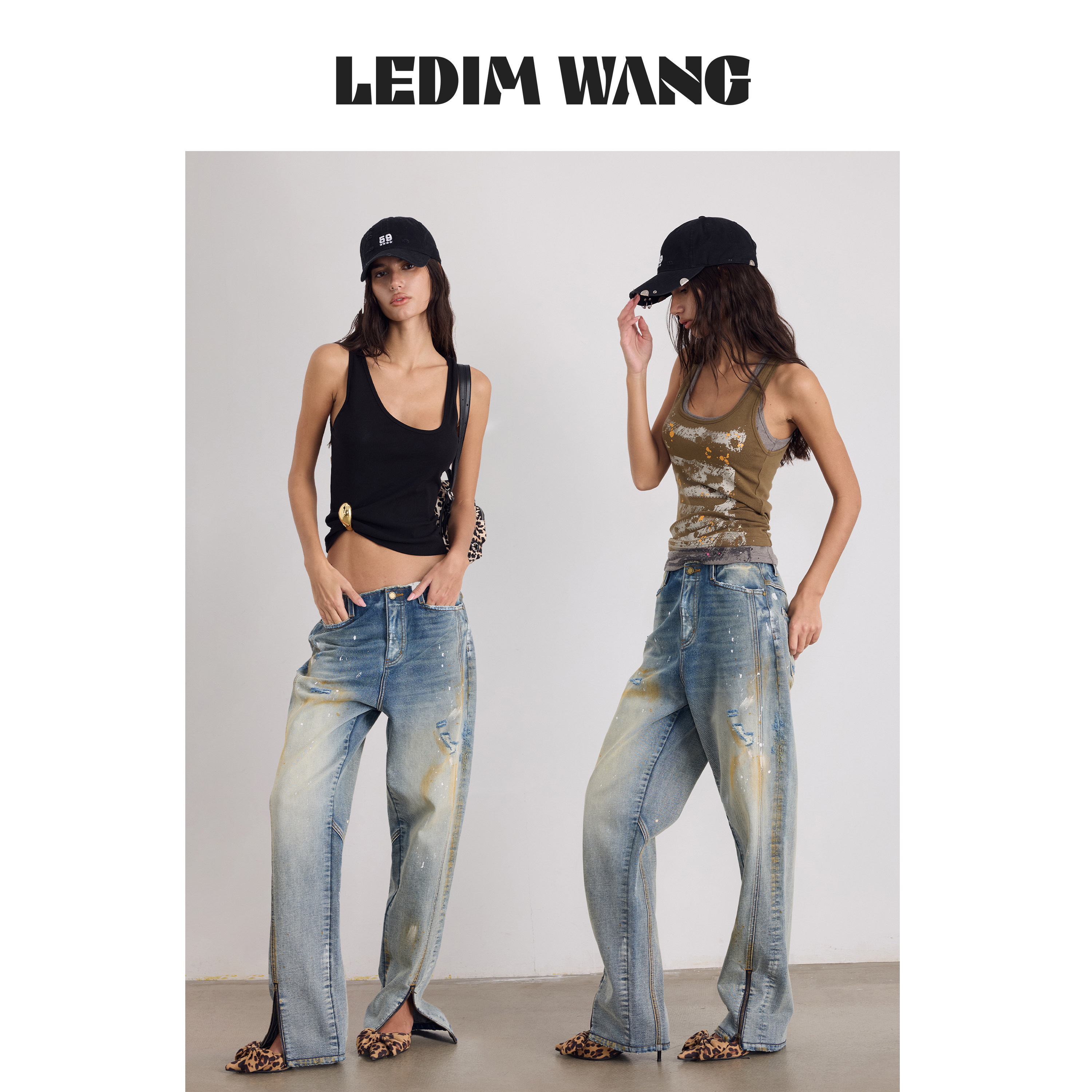 LEDIM WANG做旧油漆洗水锥形牛仔裤女2026夏季新款直筒开叉长裤