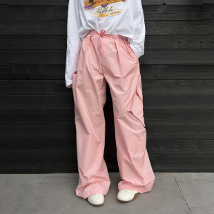 2026春夏新款 LEDIM 女粉色休闲百搭阔腿裤 休闲裤 WANG拼袋抽绳工装