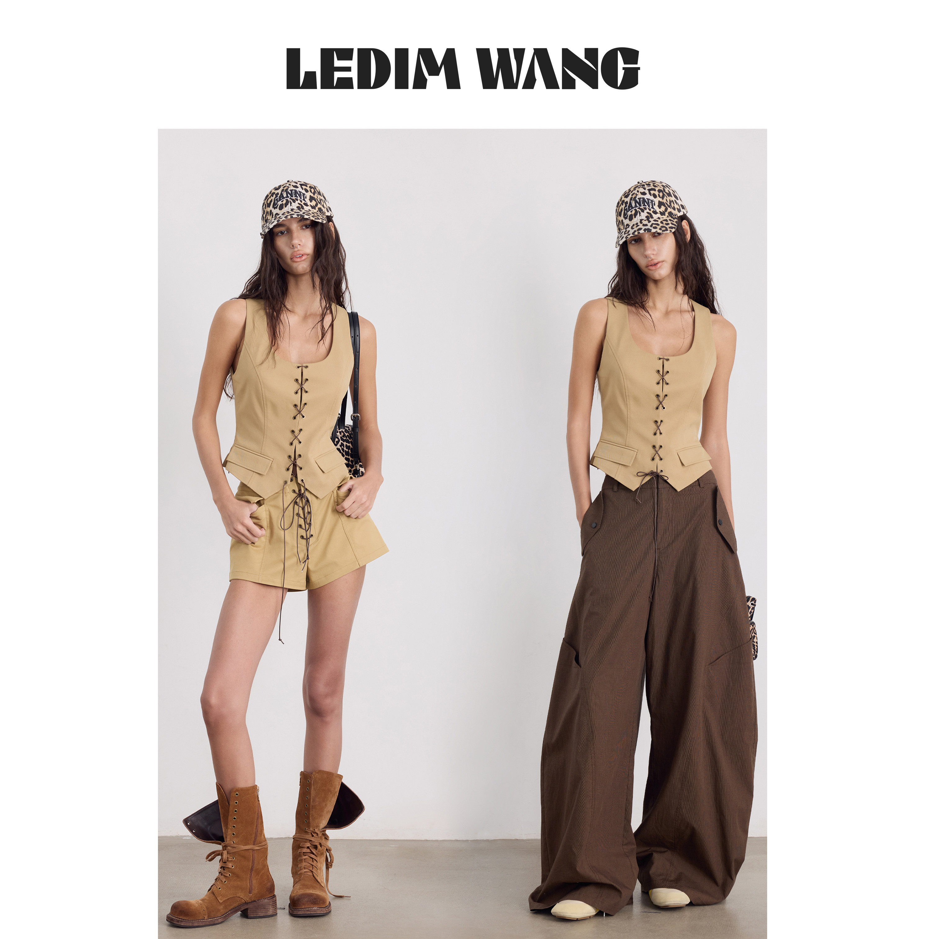 LEDIM WANG撞色绑带休闲马甲女卡其色U领单排扣马夹2026夏季新款