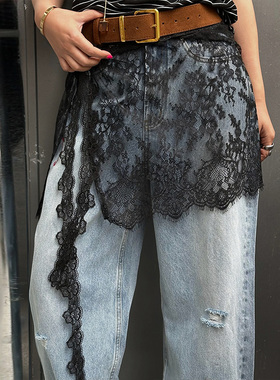 LEDIM WANG轻透蕾丝屁帘女氛围感叠穿遮臀百搭裙子黑色搭片式下摆