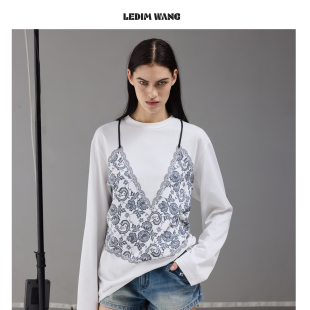 上衣 套头圆领长袖 LEDIM WANG假两件蕾丝印花T恤女2026年春夏新款