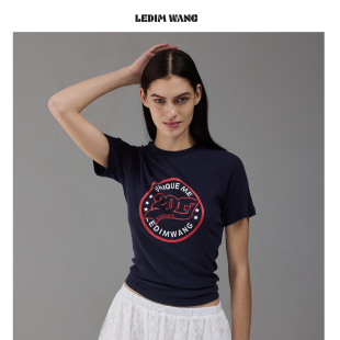 WANG纯棉印花短袖 上衣26春夏新款 T恤女藏青插肩袖 薄款 修身 LEDIM