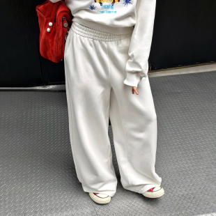 25秋冬新款 LEDIM 女白色慵懒阔腿长裤 卫裤 WANG红标宽松抓绒休闲裤
