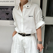 女秋白色短袖 衬衣 WANG黑标 老钱风亚麻衬衫 于文文同款 LEDIM