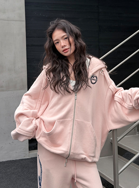 LEDIM WANG粉色印花连帽开衫卫衣女款拉链松弛感外套2026春季新款