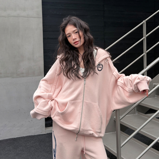 LEDIM WANG粉色印花连帽开衫卫衣女款拉链松弛感外套2026春季新款