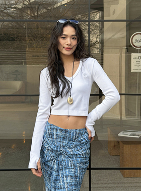 LEDIM WANGV领刺绣长袖T恤女2026春新款白色无缝高腰弹力短款上衣