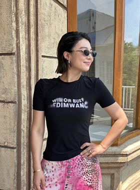 LEDIM WANG白标/晕染字母印花针织修身T恤女黑色直筒上衣25秋新款