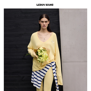 香蕉黄柔软薄款 LEDIM 2026春夏新款 套装 WANG慵懒风醋酸棉V领时尚