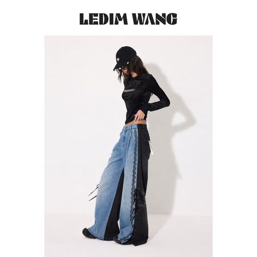 LEDIMWANG拼接双色阔腿牛仔裤