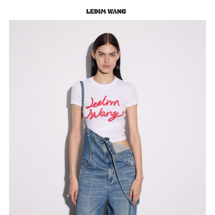 上衣26春夏新款 T恤女白色收腰修身 WANG高腰线撞色印花短袖 LEDIM