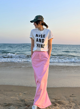 LEDIM WANG粉色松紧直筒针织半身裙女纯棉印花卫裙日常百搭运动感