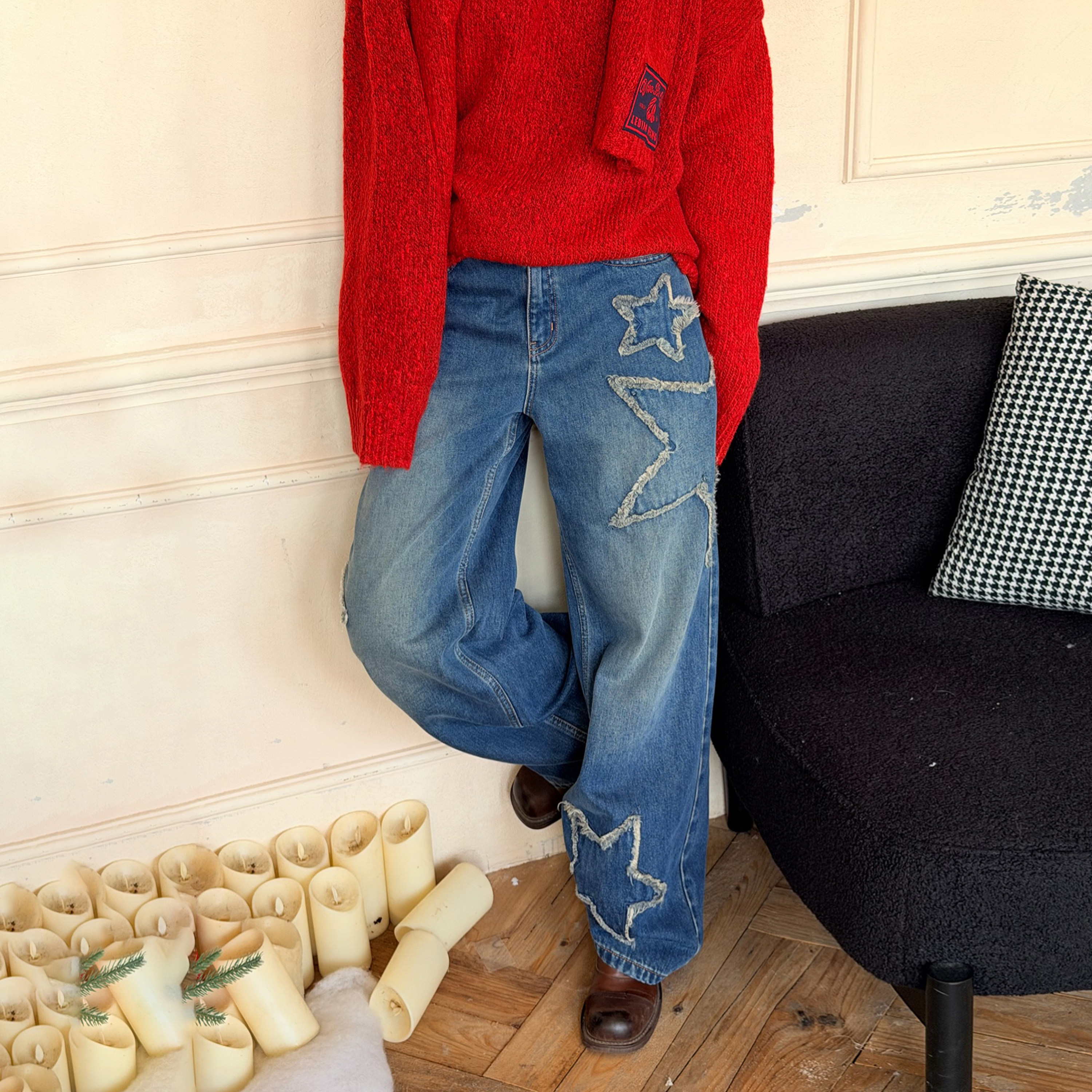 LEDIM WANG白标/星星贴片牛仔裤女复古丹宁宽松长裤2025秋冬新款