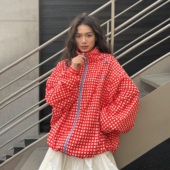 2026春新款 LEDIM WANG复古连帽廓形冲锋衣外套女户外红白撞色长袖