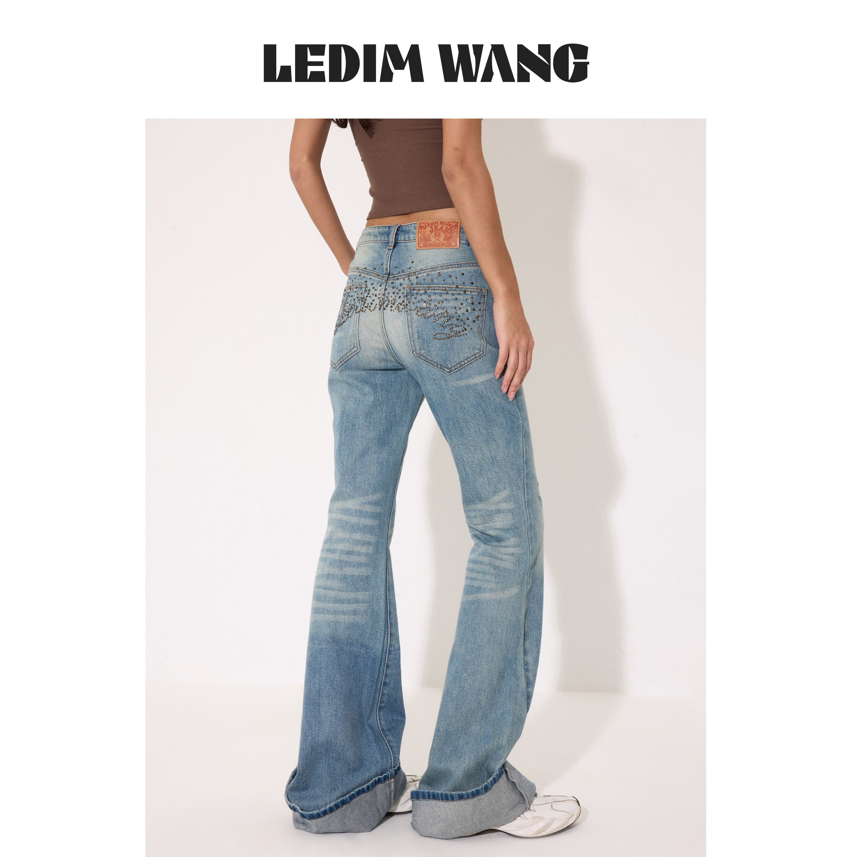LEDIM WANG复古翻边喇叭牛仔裤女款26秋季新款辣妹修身低腰长裤