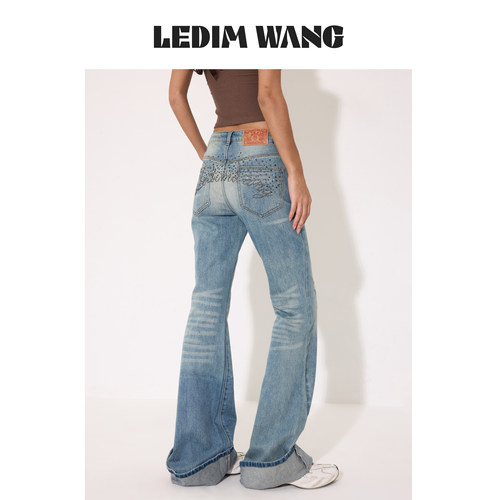 LEDIMWANG复古翻边喇叭牛仔裤