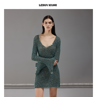 孔雀绿修身 LEDIM 连衣裙女早春新款 针织长袖 短裙 WANG甜酷混色薄款