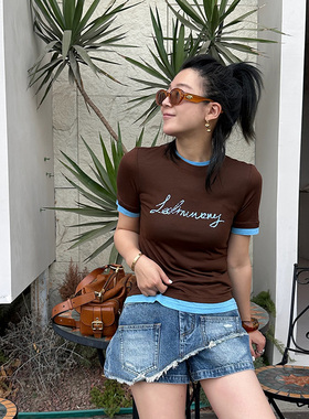 LEDIM WANG撞色假两件T恤女夏复古字母印花短袖圆领上衣简约百搭