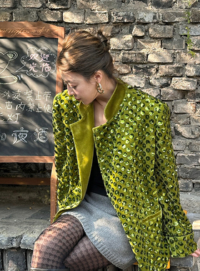 LEDIM WANG新中式丝绒亮片西装外套女气质绿色西服小众设计高级感