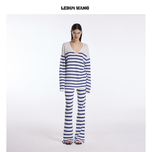 条纹航海蓝薄款 LEDIM 2026春夏新款 套装 WANG慵懒风醋酸棉V领时尚