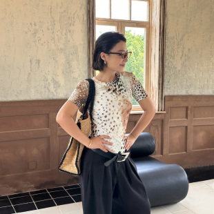 WANG白标豹纹印花短袖 短袖 T恤女卡其修身 新款 直筒上衣秋季 LEDIM