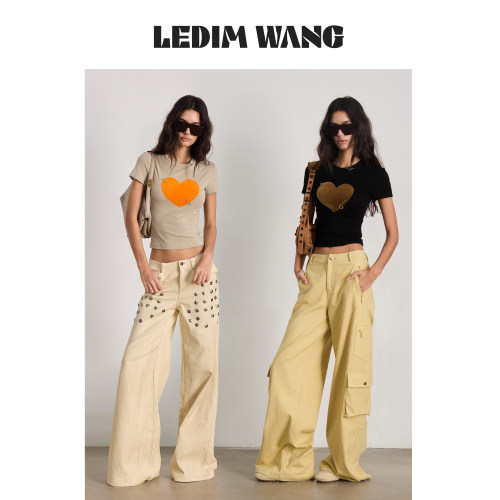 LEDIMWANG铆钉爱心印花短袖T恤