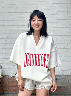 【吴昕同款】LEDIM WANG美式复古印花T恤女夏季新款V领短袖上衣