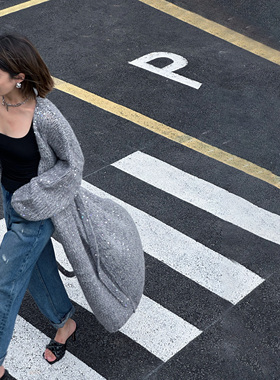 LEDIM WANG白标/慵懒风长款针织毛衣开衫外套女灰色2025冬季新款