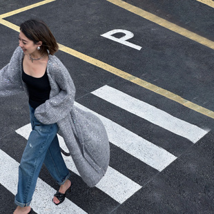 WANG白标 新款 慵懒风长款 外套女灰色冬季 上衣 针织毛衣开衫 LEDIM