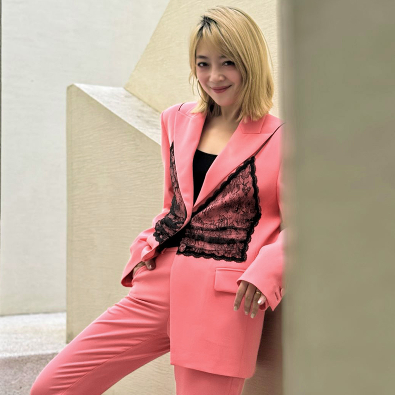 LEDIM WANG 假两件蕾丝西服女2024春季新款设计师原创桃粉色西装