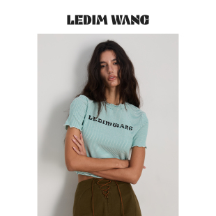 LEDIM WANG绿白细条纹修身短袖T恤女款26夏季新款木耳边收腰上衣