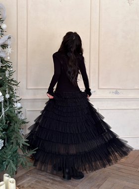 LEDIM WANG针织拼接蕾丝连衣裙长袖蛋糕裙女黑色修身长裙25冬新款