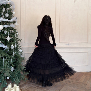 长裙25冬新款 蛋糕裙女黑色修身 WANG针织拼接蕾丝连衣裙长袖 LEDIM