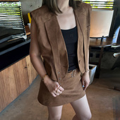 LEDIM WANG复古棕色飘带马甲女无袖 坎肩外套叠穿环保麂皮绒波嬉风