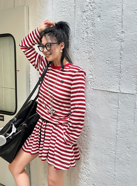 LEDIM WANG美式航海撞色条纹两件套宽松长袖T恤短裤套装2025新款