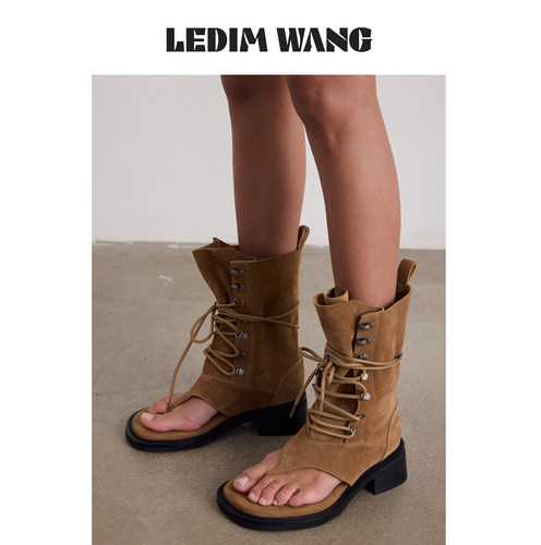 LEDIM WANG卡其麂皮系带夹趾凉靴女款26新款夏季厚底增高凉鞋女鞋