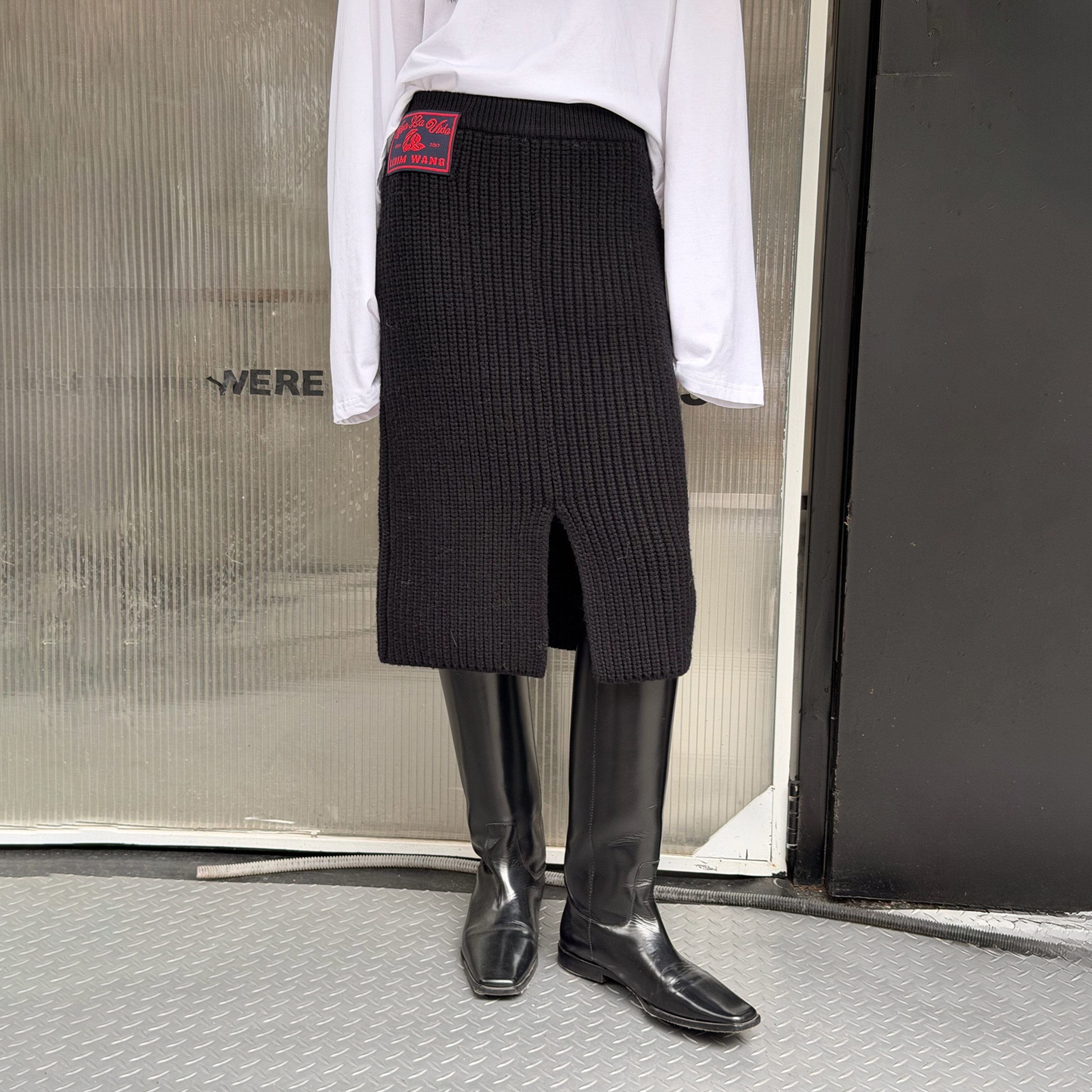 LEDIM WANG黑标/粗针针织直筒半身裙女开叉肌理感中裙25秋冬新款