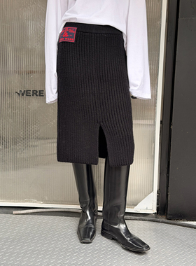 LEDIM WANG黑标/粗针针织直筒半身裙女开叉肌理感中裙25秋冬新款