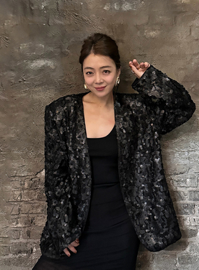 LEDIM WANG黑色立体山茶花珠片无领外套女小众设计高级感冬季新款