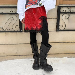 LEDIM 设计感裙子 WANG蕾丝亮片半身裙女开叉红色短裙25秋冬新款