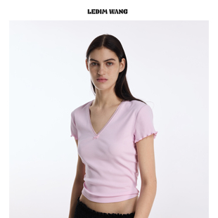 打底上衣 休闲风短款 LEDIM WANG蕾丝边粉色T恤女V领2026春夏新款