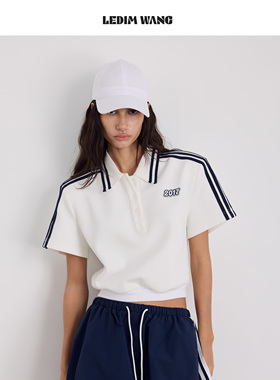 LEDIM WANG经典条纹短袖T恤女26春夏新款POLO领白色垫肩运动上衣