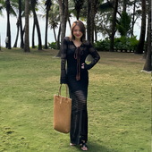 LEDIM 镂空针织长裙 薄款 WANG波嬉风黑色长袖 连衣裙女高级感修身