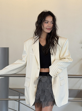 LEDIM WANG细条纹西服外套女杏色经典长袖高智休闲西装2026春新款