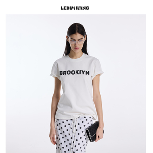 T恤女白色直筒挺括棉质上衣2026春夏新款 LEDIM WANG简约印花短袖