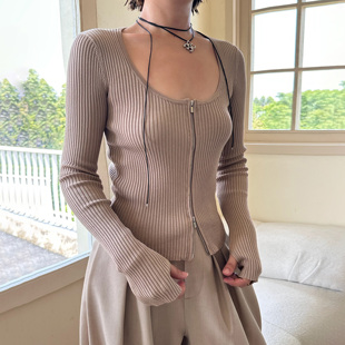 针织衫 LEDIM WANG百搭修身 U领开衫 上衣25秋冬打底 女卡其贴身长袖