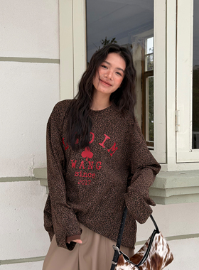 LEDIM WANG复古豹纹印花T恤女休闲内搭宽松长袖上衣25秋冬新款